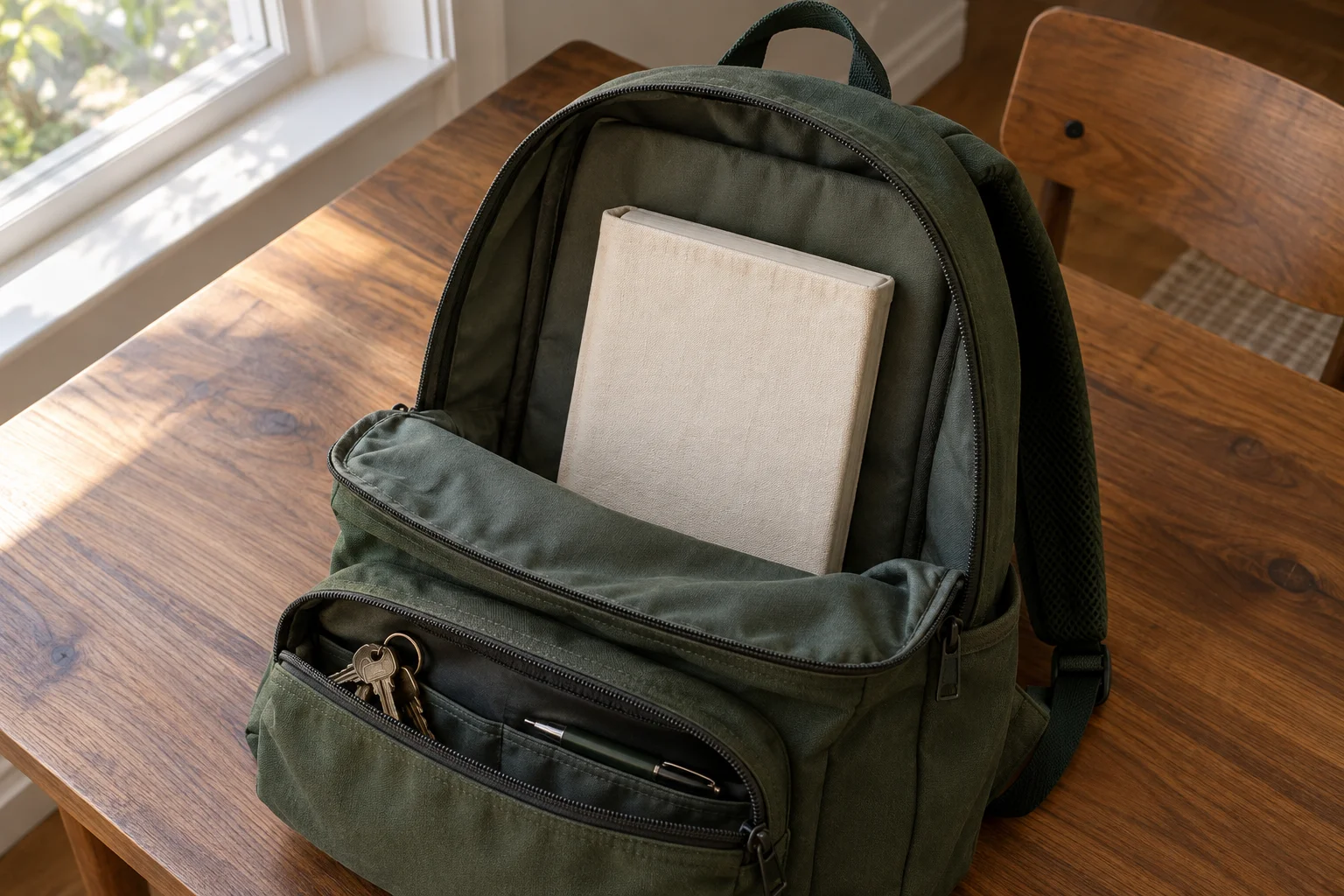Livre protégé dans une pochette, rangé contre le fond plat d'un sac à dos